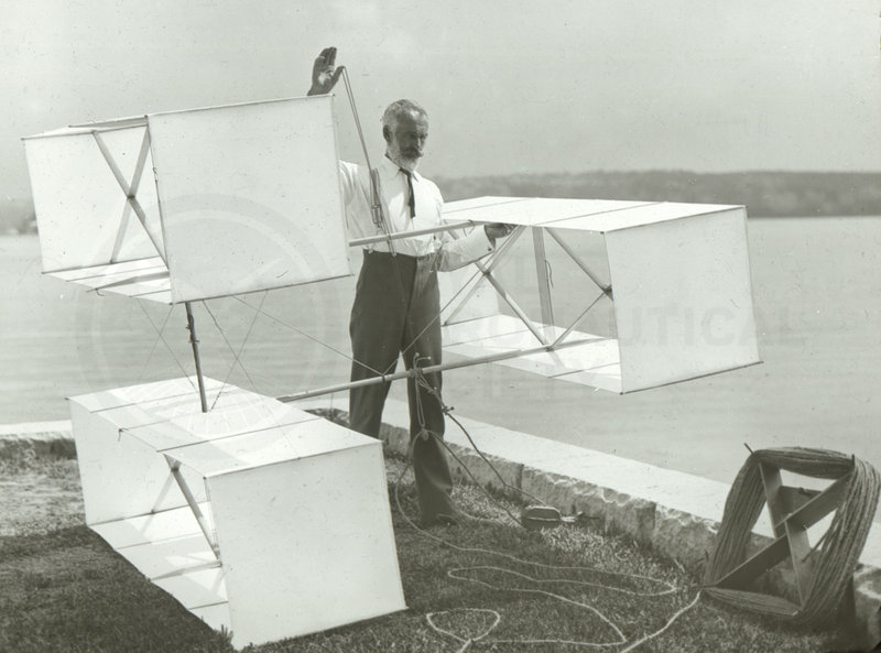 Lawrence Hargrave with one of his box-kite designsLawrence Hargrave with one of his box-kite designs
