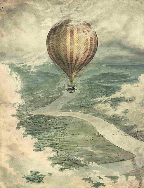 The 'Vauxhall' or 'Nassau' Balloon over the Medway, 1837. Unknown artist.